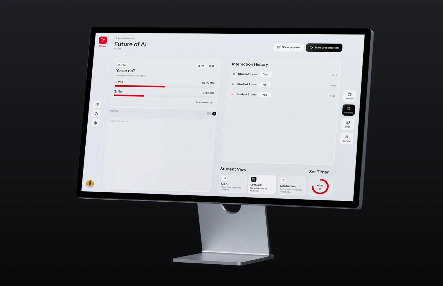 VUT Slides — live presentation dashboard on a monitor